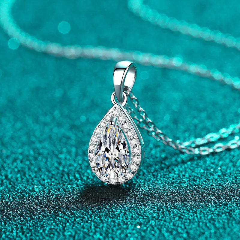 Pear Moissanite with Halo Pendant Necklace in Platinum plated 925 silver
