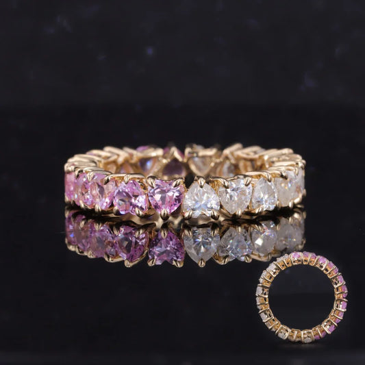 3.5mm Heart Cut Half Sakura Pink Sapphire and Half White Moissanite Eternity Ring in 14K Solid Yellow Gold