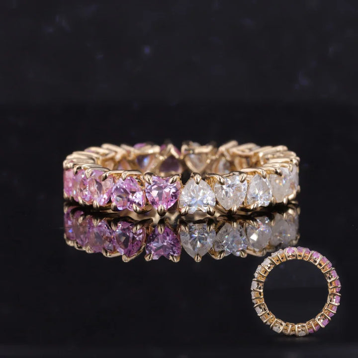 3.5mm, 4.40ctw Heart Lab-Grown Sakura Pink Sapphire & Diamond Eternity Band Ring in 14K Yellow Gold