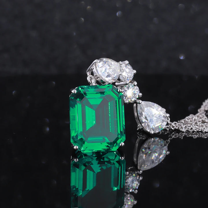 10x12mm, 4.50ct Lab-Grown Zambian Emerald Dangle Pendant with Pear/Round Diamonds Rolo Necklace in 14K White Gold