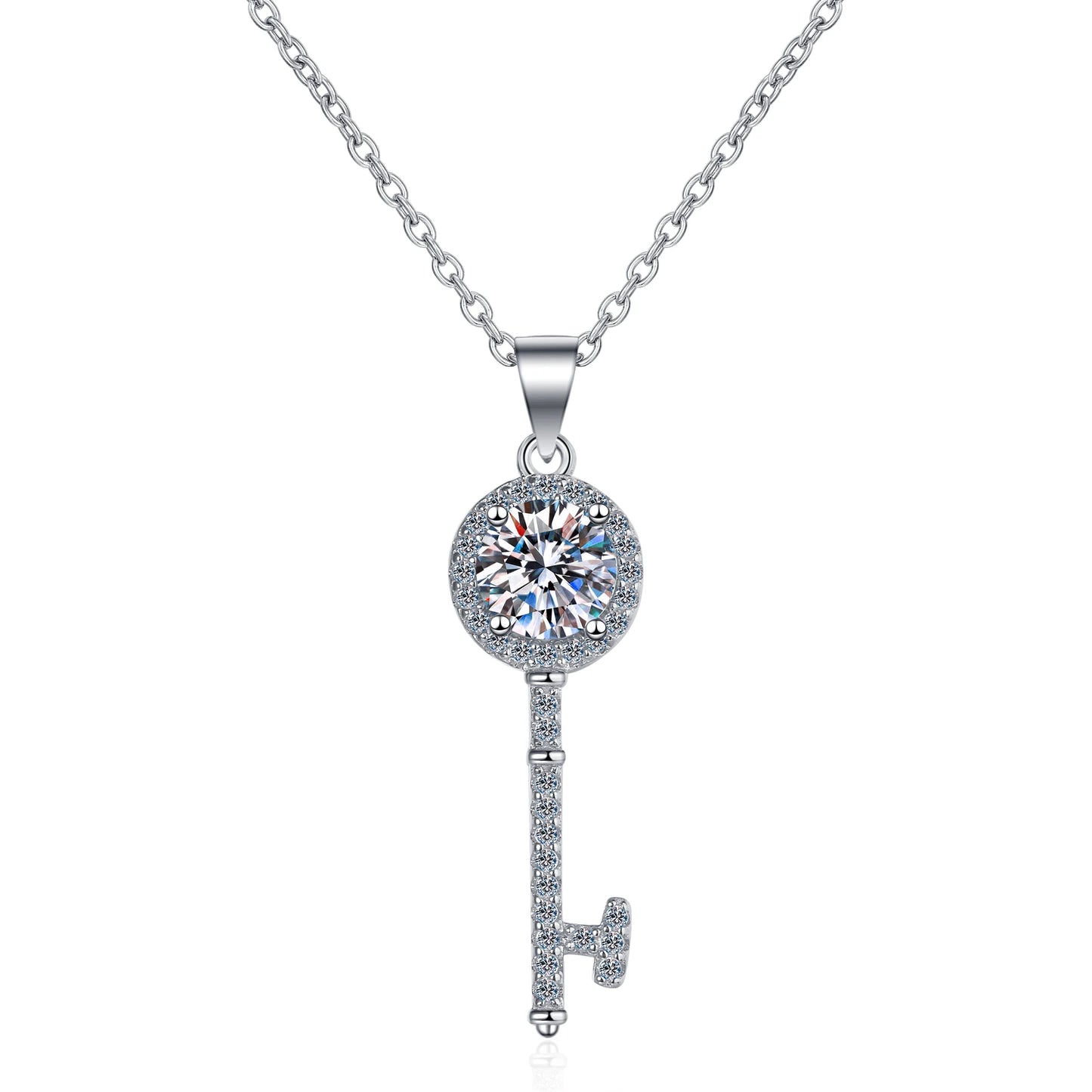 0.5ct, 1ct Round Cut Moissanite Key Pendant Necklace in Platinum Plated 925 Silver