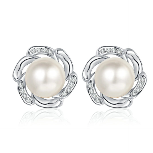 9mm Pearl Unique Halo Moissanite Earrings in Platinum Plated 925 Silver