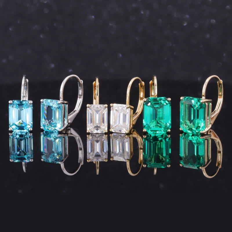 5*7mm Emerald Cut Moissanite Hoop Earrings in 14K Solid Yellow Gold