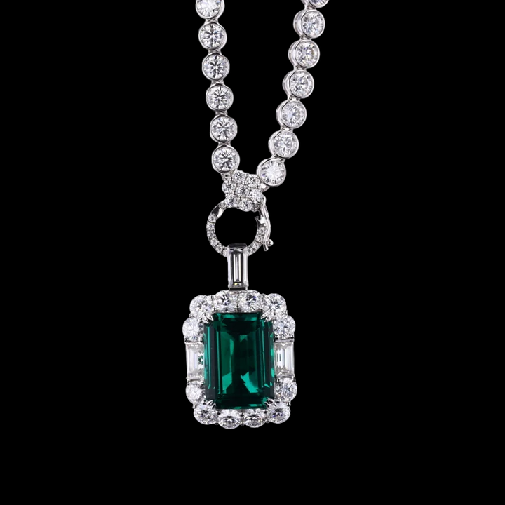 10x13mm, 6.50ct Lab-Grown Zambian Emerald Pendant with Bezel-Set Moissanite Tennis Necklace in 10K White Gold