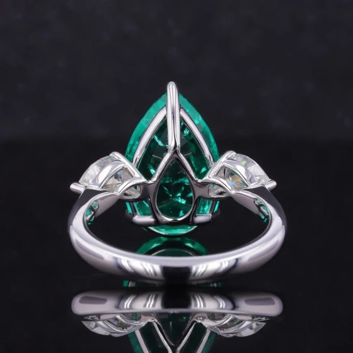 10x16mm, 12ct Pear Lab-Grown Colombian Emerald with Diamond Three-Stone Ring in 18K White Gold