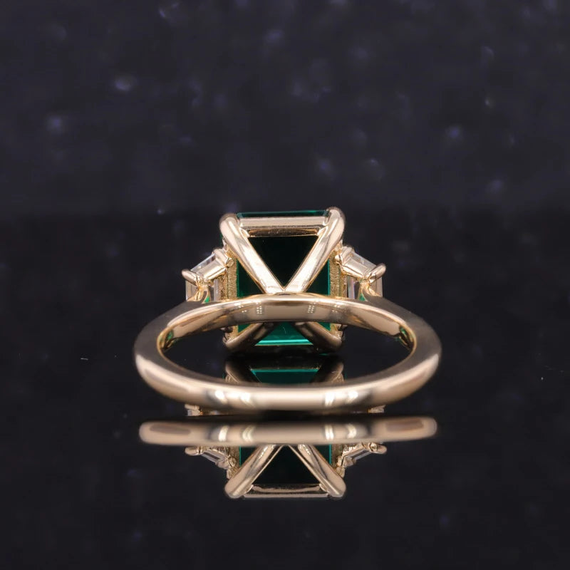 Zambian Emerald Three Stones Styles Ring with Moissanite in 14K Yellow Gold