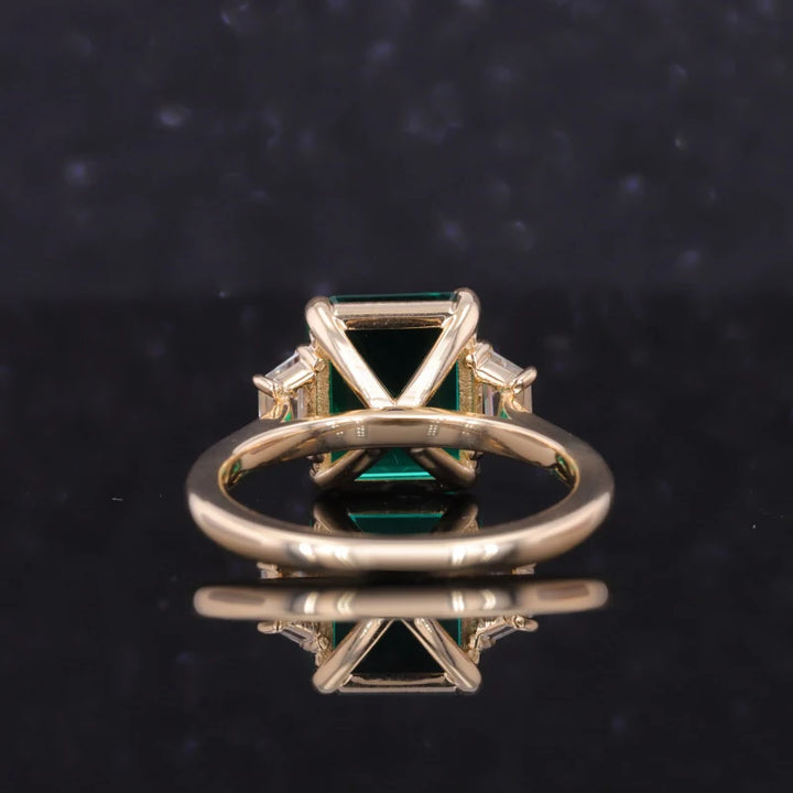 8x10mm, 3.00ct Lab-Grown Zambian Emerald with Diamond Three-Stone Ring in 14K Yellow Gold