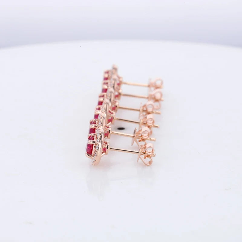 4.5mm, 0.50ct Each Round Lab-Grown Red Ruby with Diamond Halo Earrings in 14K Rose Gold