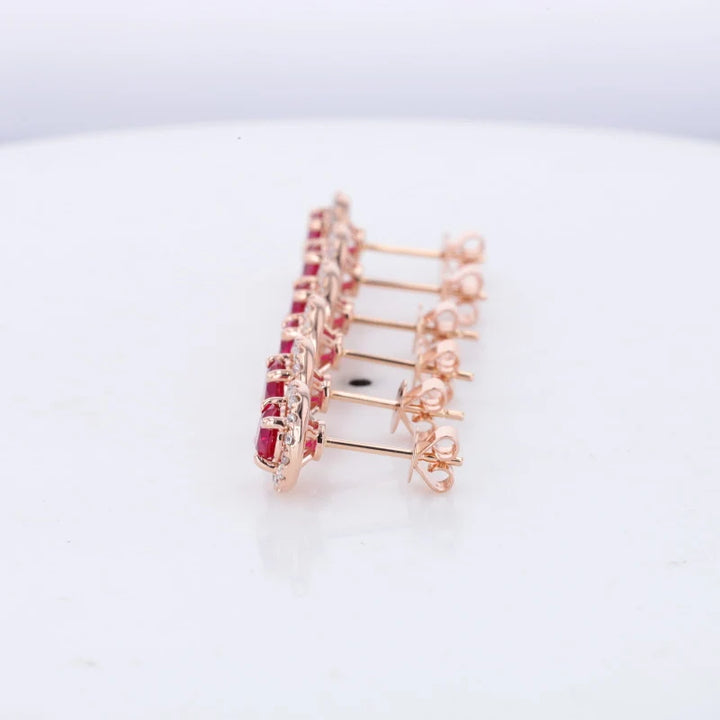 4.5mm, 0.50ct Each Round Lab-Grown Red Ruby with Diamond Halo Earrings in 14K Rose Gold
