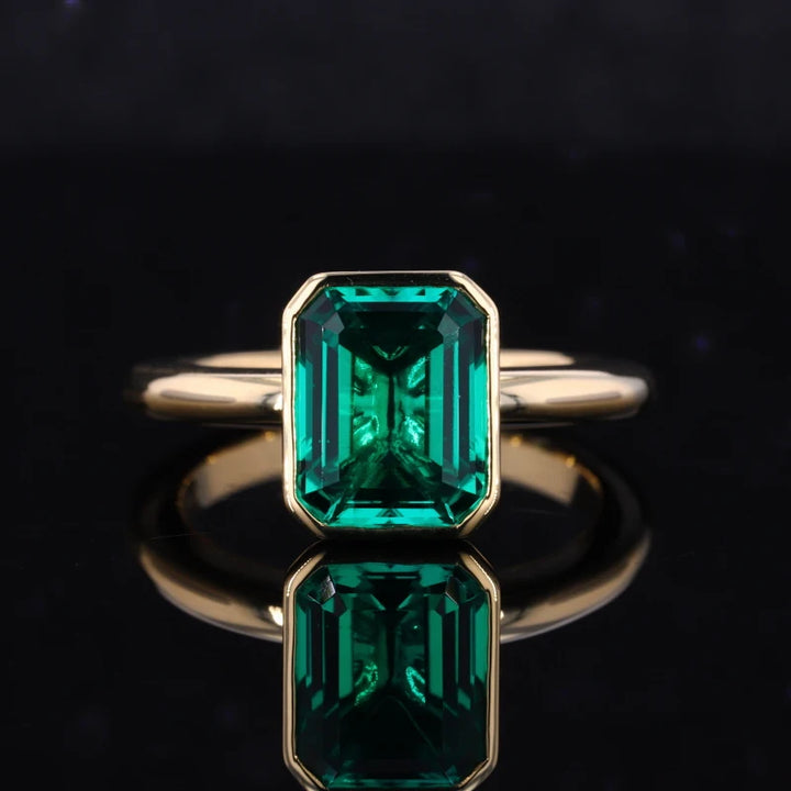 8x12mm, 5.50ct Lab-Grown Zambian Emerald Bezel-Set Ring in 18K Yellow Gold