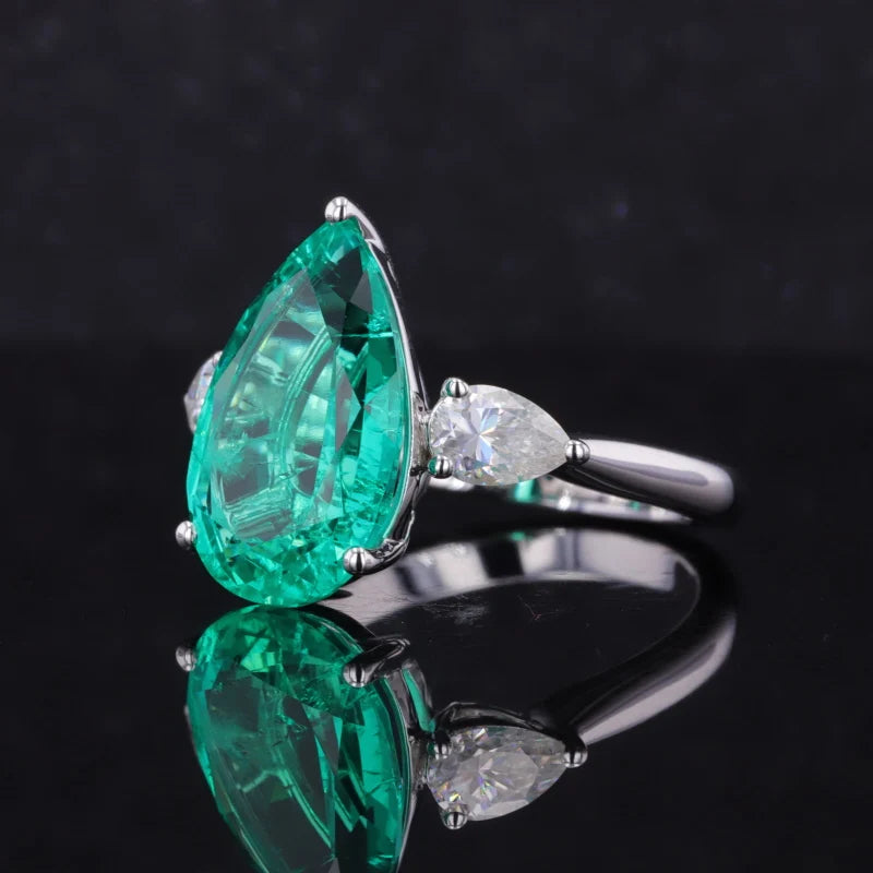 10x16mm, 12ct Pear Lab-Grown Colombian Emerald with Diamond Three-Stone Ring in 18K White Gold