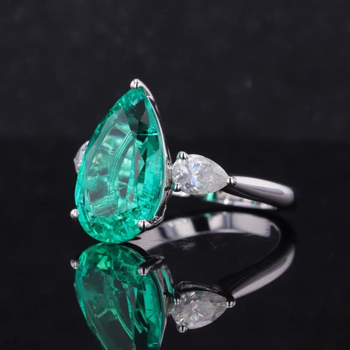 10x16mm, 12ct Pear Lab-Grown Colombian Emerald with Diamond Three-Stone Ring in 18K White Gold