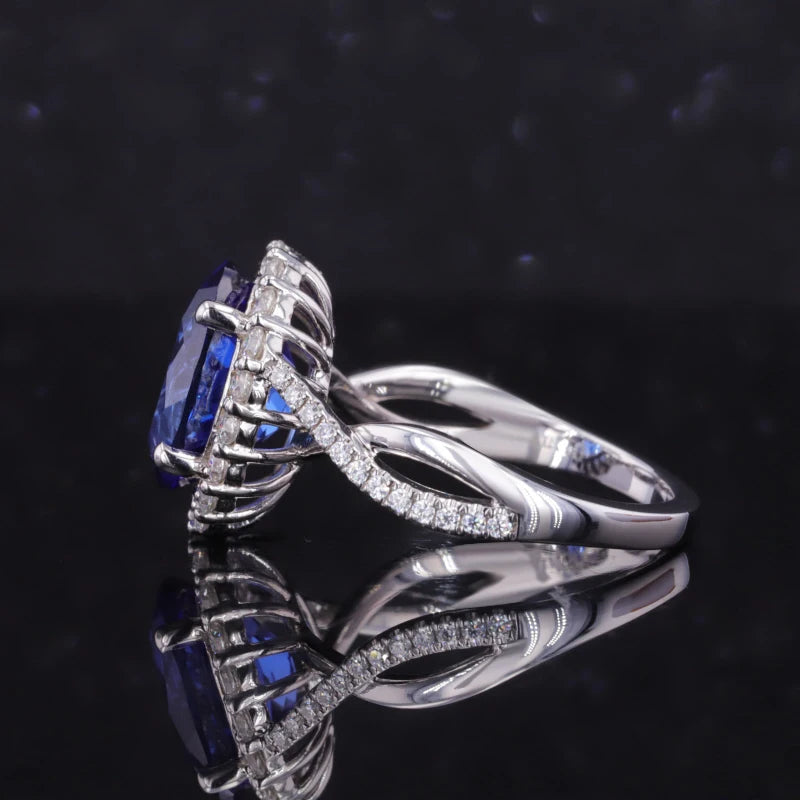 8x10mm, 4.00ct Oval Lab-Grown Blue Sapphire with Diamond Halo Ring/Twisted Band in 14K White Gold