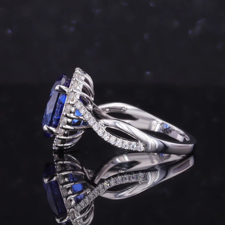8x10mm, 4.00ct Oval Lab-Grown Blue Sapphire with Diamond Halo Ring/Twisted Band in 14K White Gold
