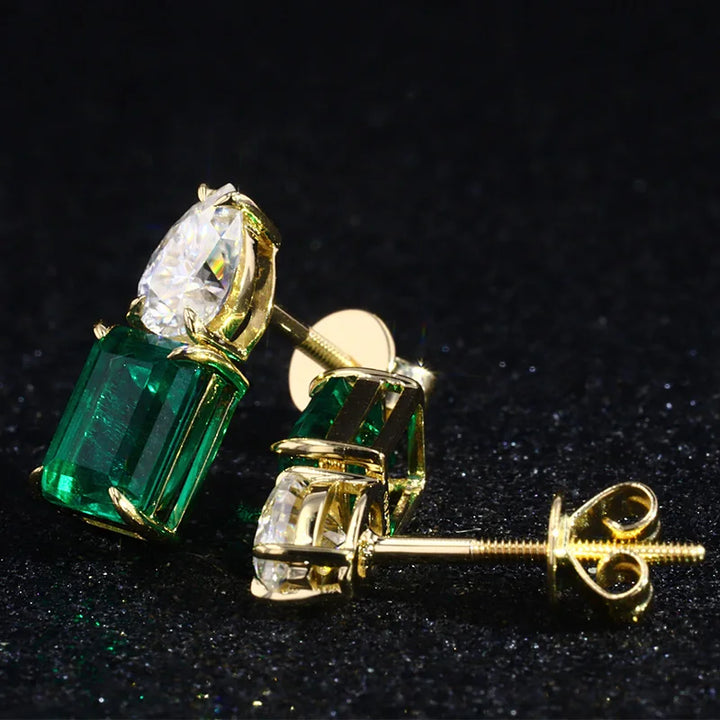 7x9mm, 2.50ct Each Lab-Grown Zambian Emerald with Pear Cut Diamond Earrings in 18K Yellow Gold