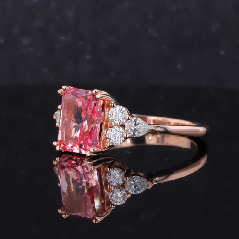 7x11mm, 4.90ct Long Cushion Lab-Grown Padparadscha Pink Sapphire with Diamonds Accents Ring in 14K Rose Gold