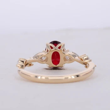 7x9mm, 2.50ct Oval Lab-Grown Red Ruby Ring with Floral Diamond Band in 14K Yellow Gold