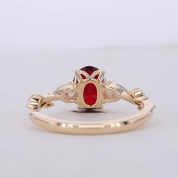 Customized 7*9mm Oval Cut Red Ruby Ring with Pear and Marquise Diamond in 14K Solid Yellow Gold