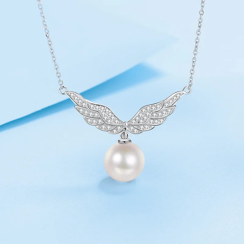11mm Pearl Moissanite Wing Design Pendant Necklace in Platinum plated 925 silver