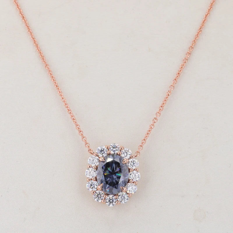 7*9mm Oval Cut Blue Moissanite Floral Setting Moissanite Pendant Necklace in 10K Rose Gold