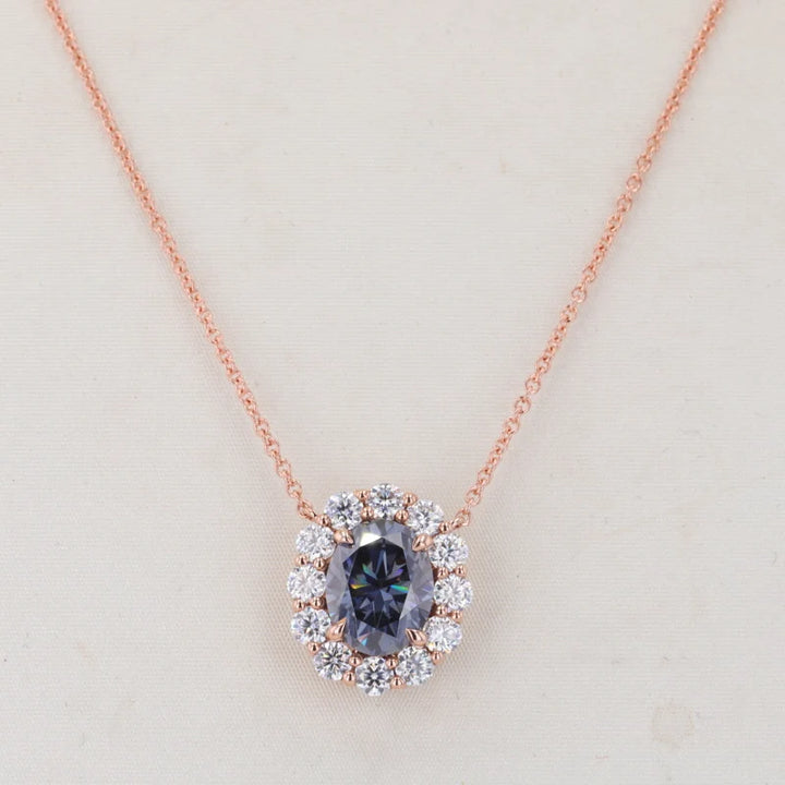 7*9mm Oval Cut Blue Moissanite Floral Setting Moissanite Pendant Necklace in 10K Rose Gold