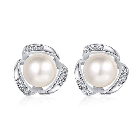 8mm Pearl 3 Petal Halo Moissanite Earrings in Platinum Plated 925 Silver