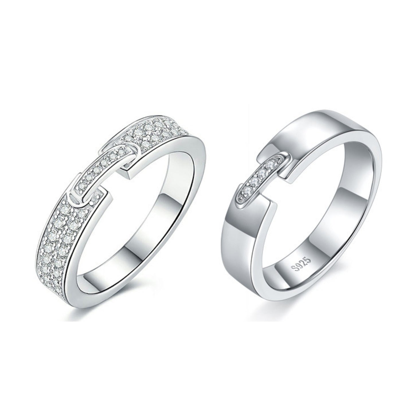 His and Hers Matching Pave Moissanite Couple Rings" in White Gold-Plated 925 Silver