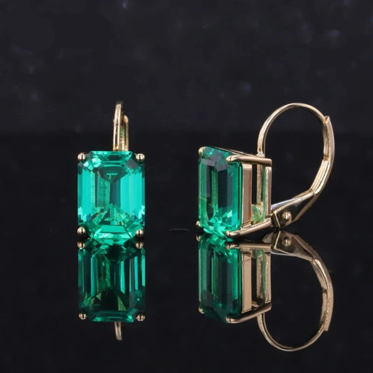 7*9mm Emerald Hoop Earrings in 14K Solid Yellow Gold