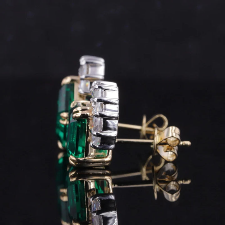 8mm, 2.00ct Each Asscher Lab-Grown Zambian Emerald with Marquise Diamond Earrings in 14K Yellow Gold