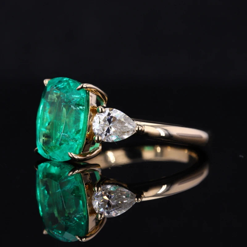 8*10mm Cushion Cut Emerald with Pear Cut Moissanites Ring in 14K Solid Yellow Gold