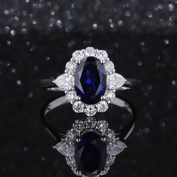 6x8mm, 1.75ct Oval Lab-Grown Blue Sapphire Ring with Diamond Halo in 14K White Gold