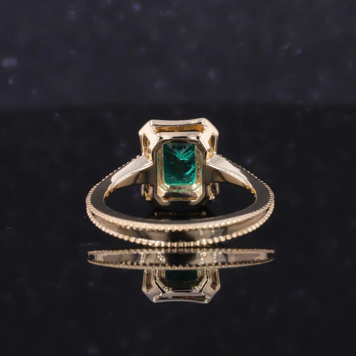 5x7mm, 1.00ct Lab-Grown Colombian Emerald with Diamond Halo Vintage Ring in 14K Yellow Gold