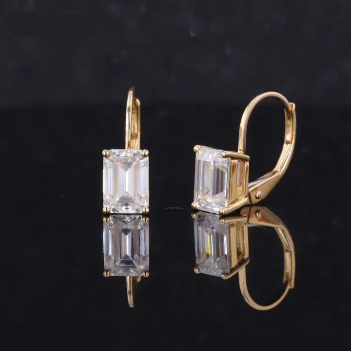 5x7mm Emerald Cut Moissanite Hoop Earrings in 14K Solid Yellow Gold