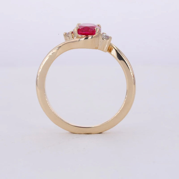 5*7mm Oval Cut Red Ruby with Diamond Twisted Band Ring in 10K Solid Yellow Gold