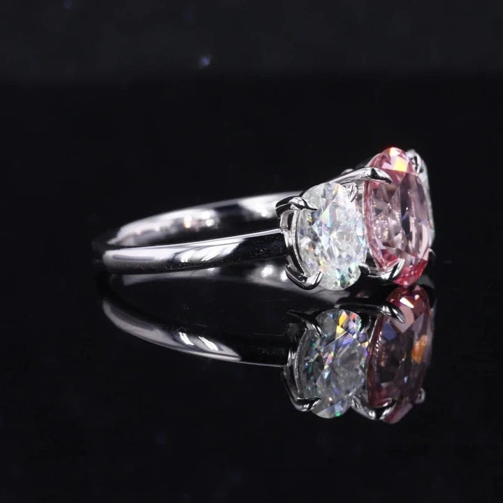 7x9mm, 2.50ct Oval Lab-Grown Sakura Pink Sapphire with Diamonds Three-Stone Ring in 14K White Gold