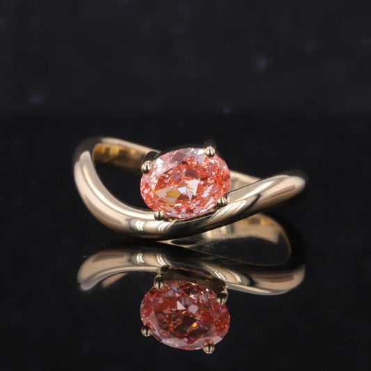 1ct Oval Cut Vivid Pink Diamond Curved Ring in 10K Solid Yellow Gold