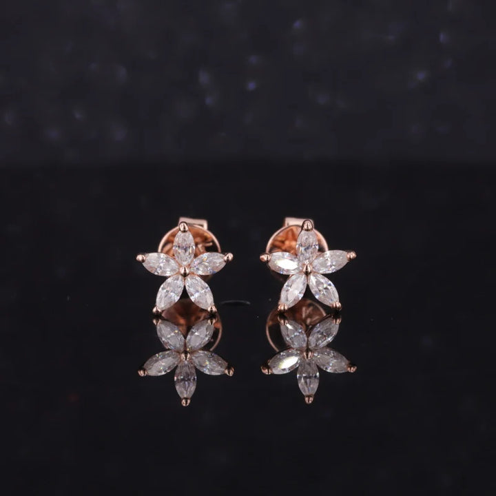 Five Petal Flower Diamond Earrings in 14K Solid Rose Gold