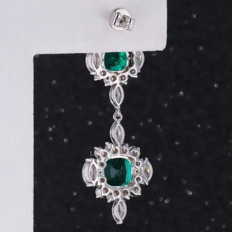 7*7mm Cushion Cut Emerald and Moissanite Dangle Earrings in 14K Solid White Gold