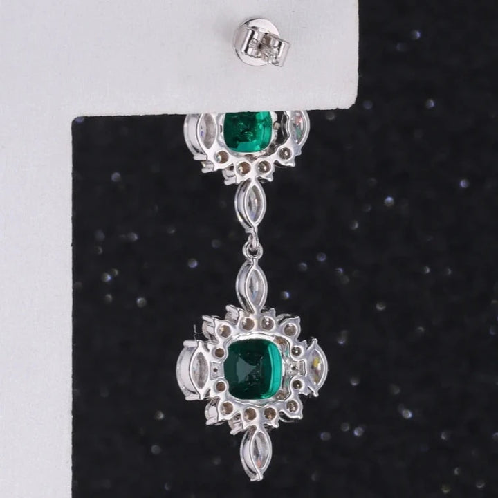 7mm, 1.50ct and 5mm, 0.75ct Cushion Lab-Grown Colombian Emerald with Moissanite Accents Dangle Earrings in 14K White Gold