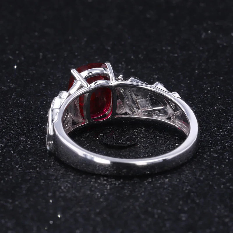7*9mm Cushion Cut Red Ruby Ring with Baguette and Diamond in 14K Solid White Gold
