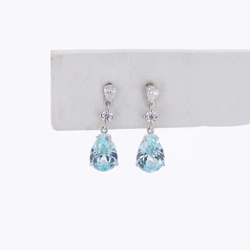 5*7mm Pear Cut Paraiba with Moissanite Dangle Earrings in 14K Solid White Gold