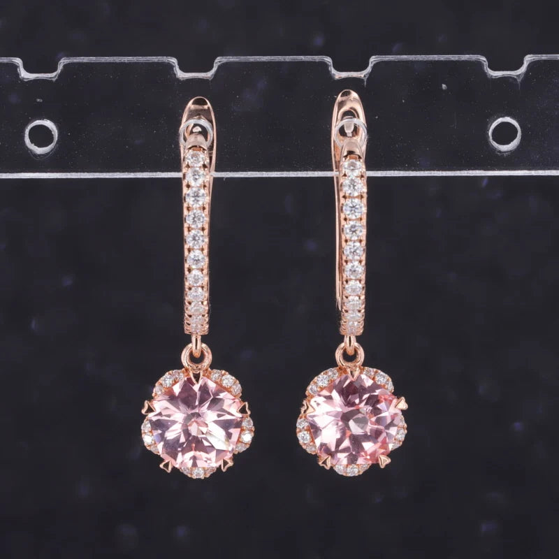 6*6mm Pentagon Cut Pink Sapphire Hoop with Moissanite Dangle Earrings in 14K Solid Rose Gold