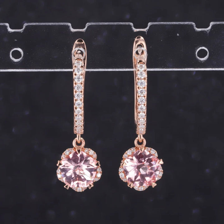 6x6mm, 1.25ct Each Pentagon Lab-Grown Pink Sapphire Hoop with Diamond Dangle Earrings in 14K Rose Gold