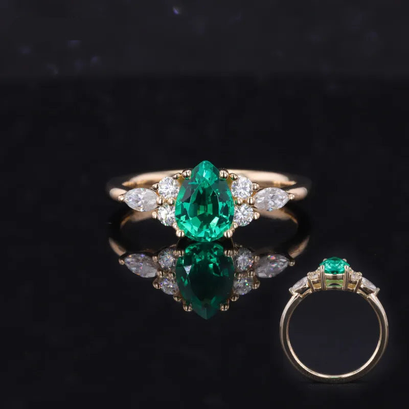 3x5mm Pear Cut Colombian Emerald Ring with Diamond Accents in 14K Solid Yellow Gold