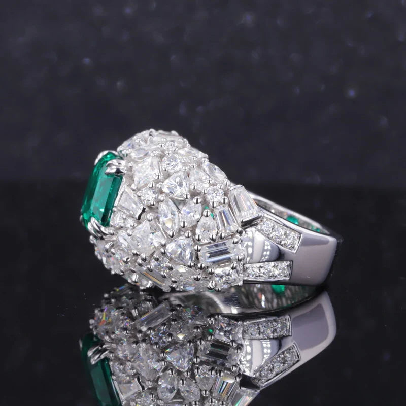 8.5*8.5mm Asscher Cut Zambian Green Emerald with All-Cut Moissanite on Band Ring in 18K Solid White Gold