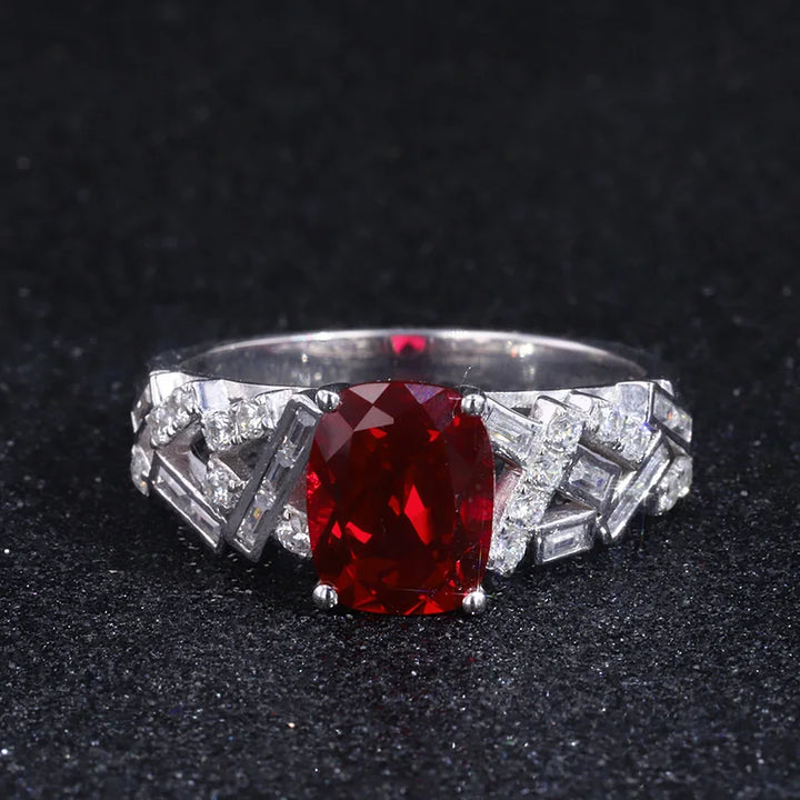 7x9mm, 2.75ct Cushion Lab-Grown Ruby Ring with Diamond Accent Band in 14K White Gold