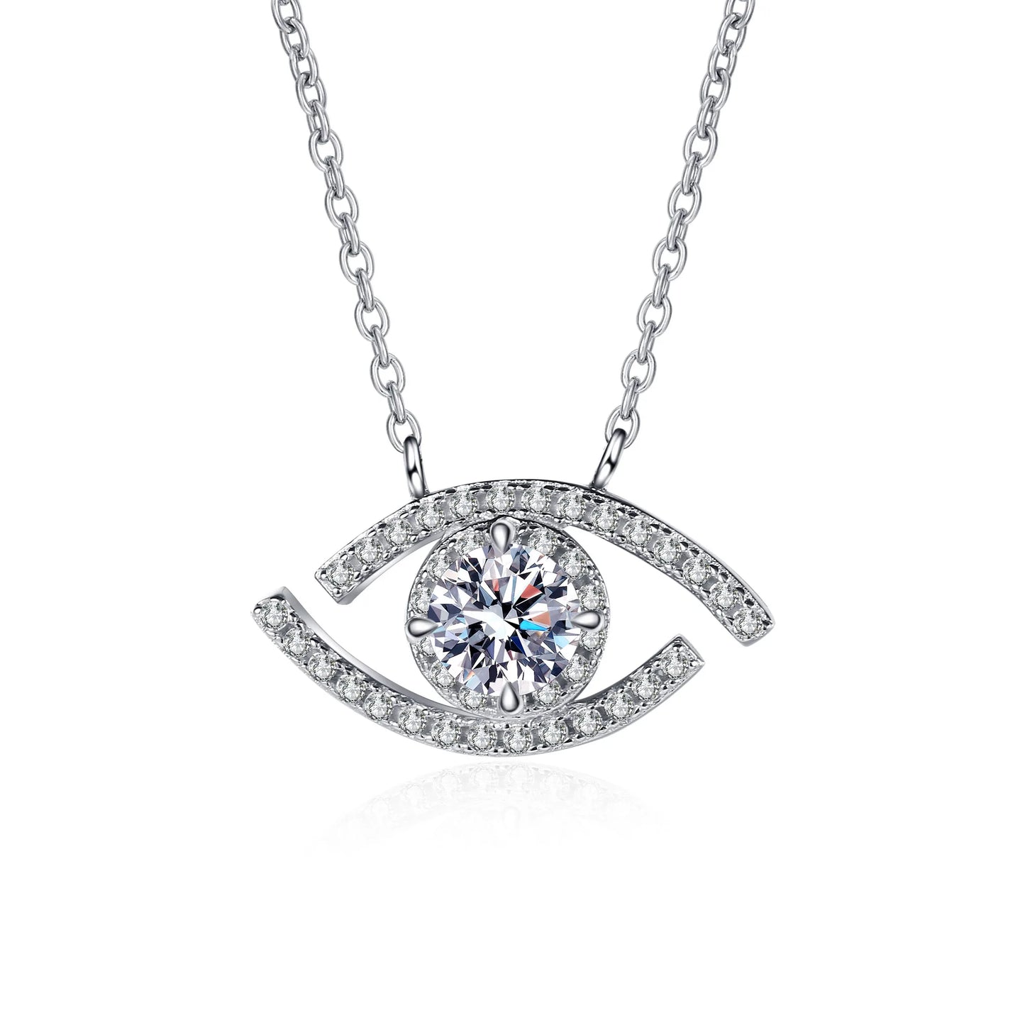 0.5ct, 1ct Round Cut Moissanite Asymmetric Evil Eye/Turkish Eye Pendant Necklace in Platinum Plated 925 Silver