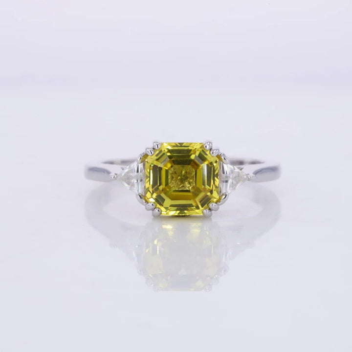 7mm, 2.50ct Asscher Lab-Grown Yellow Sapphire with Diamonds Three-Stone Ring in 14K White Gold