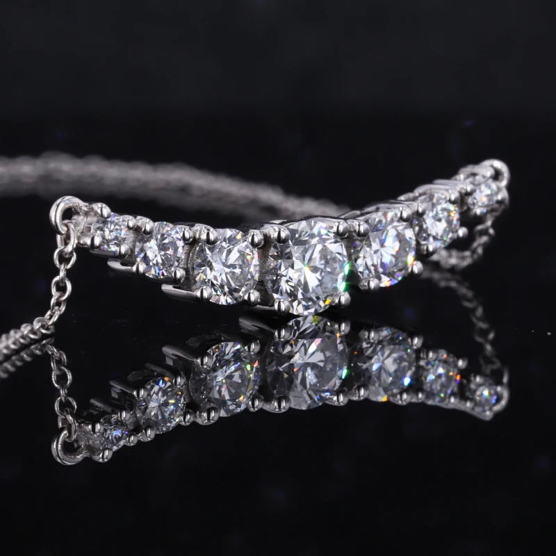 Moissanite Graduated Curved Bar Pendant Necklace in 14K Solid White Gold