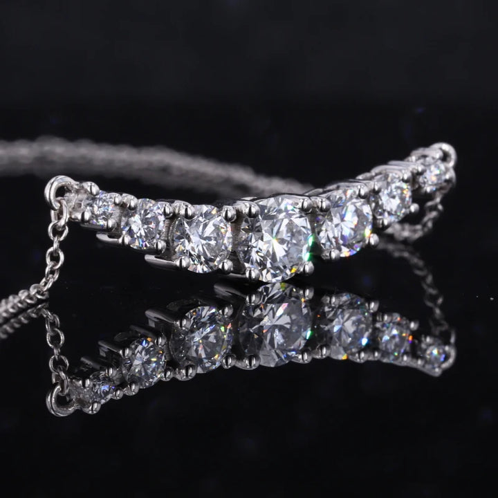 Moissanite Graduated Curved Bar Pendant Necklace in 14K Solid White Gold